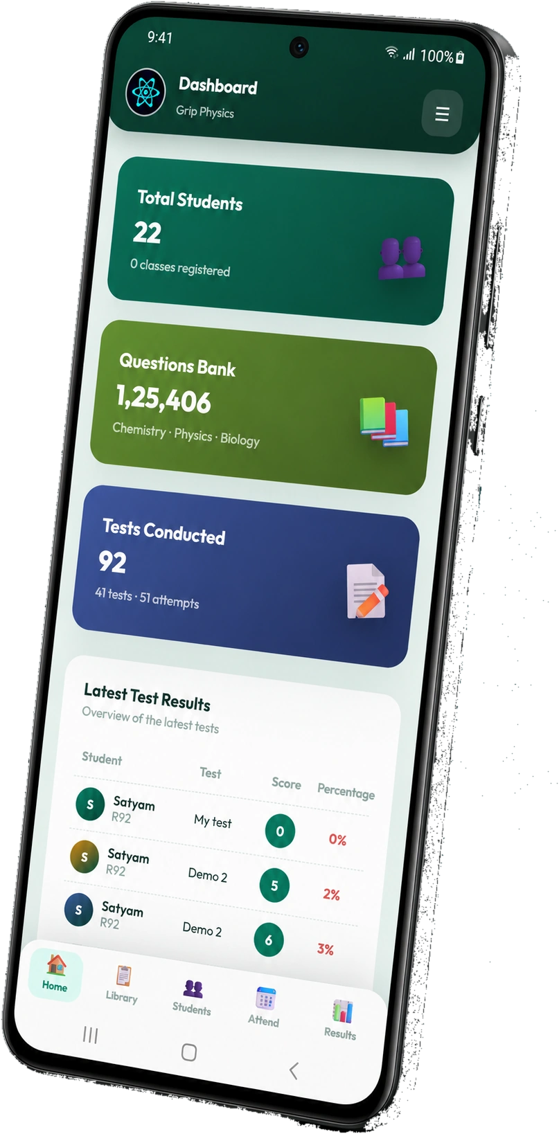 Vyorra institute Android app showing total students, question bank, tests conducted and latest test results with a bottom tab bar