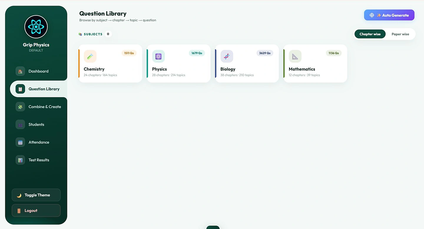 Question library browsing Chemistry, Physics, Biology and Mathematics with chapter and topic counts