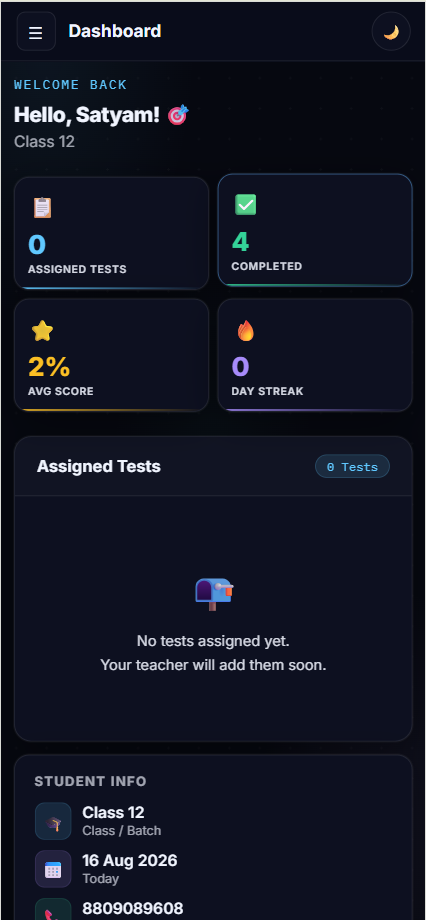 Vyorra student portal on mobile showing assigned tests, scores and attendance