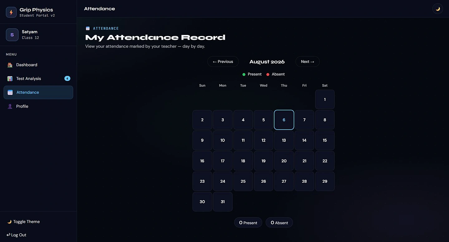 Student attendance calendar for August 2026 in dark theme
